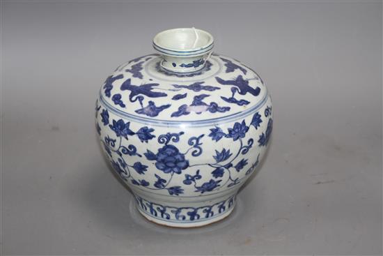 A Chinese blue and white bulbous vase, Ming, with restored rim, height 19cm